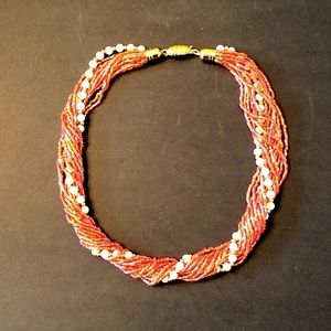 NWOT Coral Reefs Statement Necklace, Faux-Pearl Strand, Gold-tone Clasp